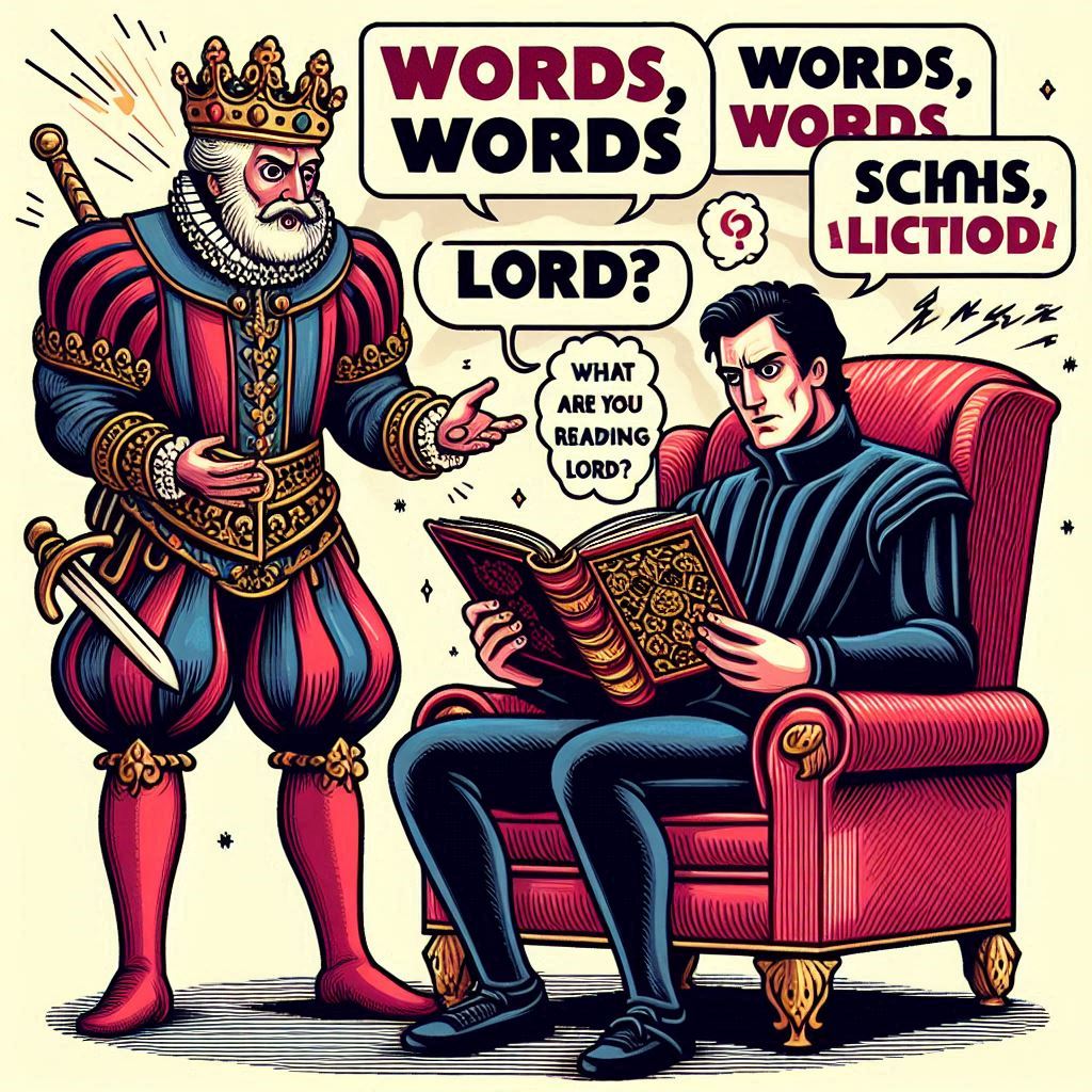 Hamlet’s Words, words, words quote with a fist graphic